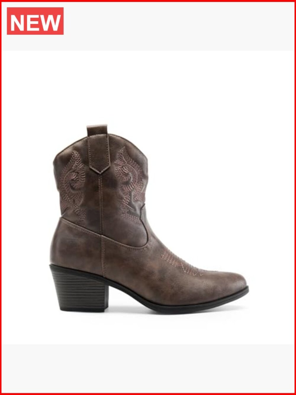 Faux Leather Embroidered Western Ankle Booties Low Chunky Heel - Picture 3 of 7